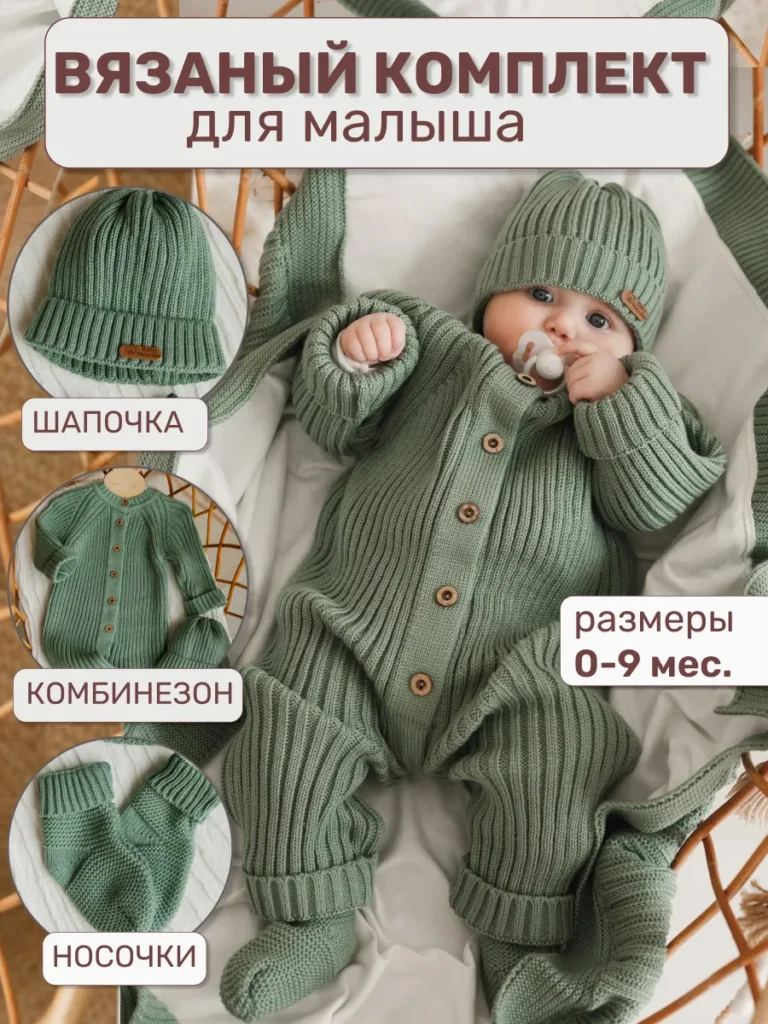 Вязаный комбинезон для новорожденных комплект на выписку 